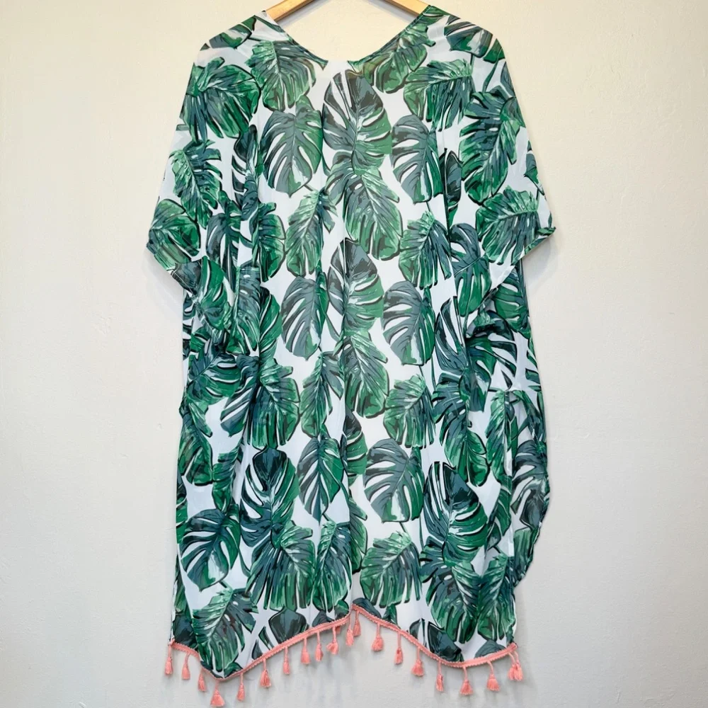 Monstera Palm Print Tropical Botanical Pattern Tassel Sheer Open Front Kimono